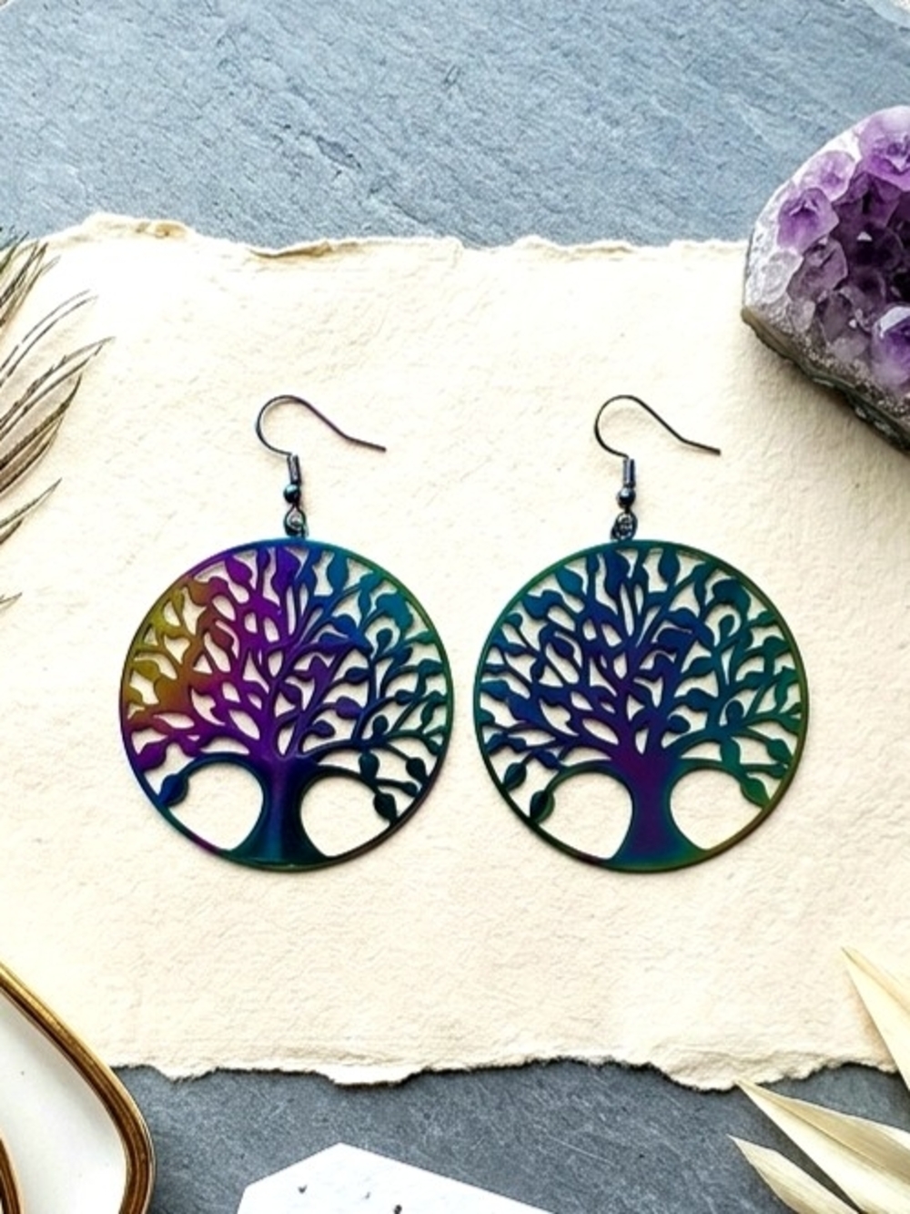 Colorful Rainbow Iridescent Monochrome Sacred Geometric Tree of Life Earrings
